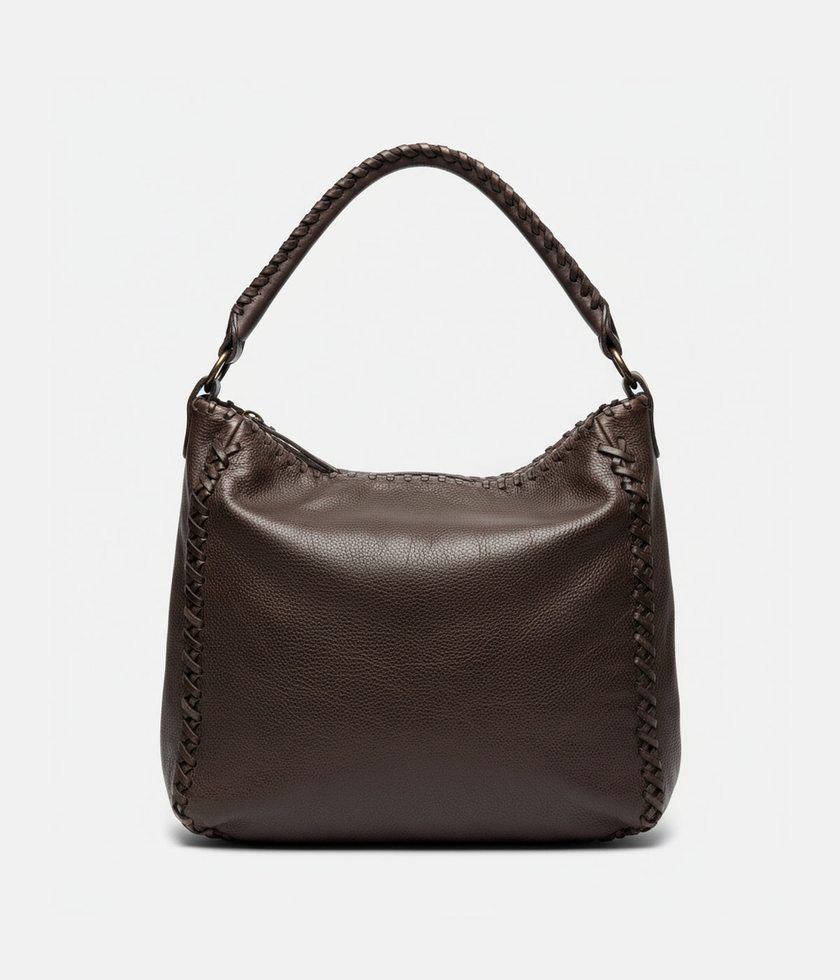 Sac Liv chocolat AUNE — hobo en cuir de vachette washed, anse tressée main et tresse de cuir le long des coutures, vue de face — AUNE