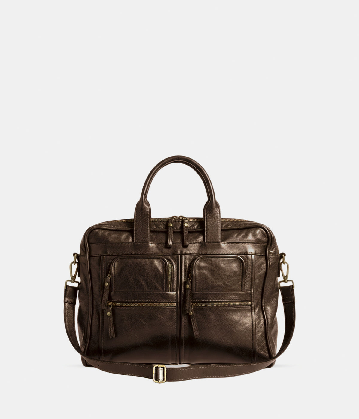 Sac Njord marron foncé AUNE — sac 48h en cuir de vachette vintage, deux compartiments zippés, multi-poches, bandoulière réglable à mousqueton, vue de face — AUNE