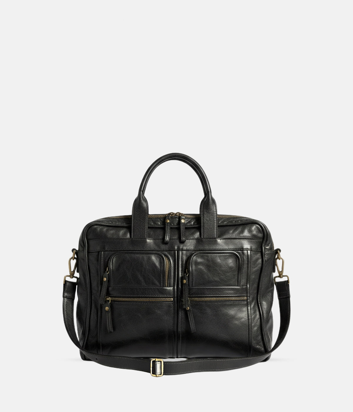 Sac Njord AUNE — sac 48h en cuir de vachette vintage noir, deux compartiments zippés, multi-poches, bandoulière réglable à mousqueton, vue de face — AUNE