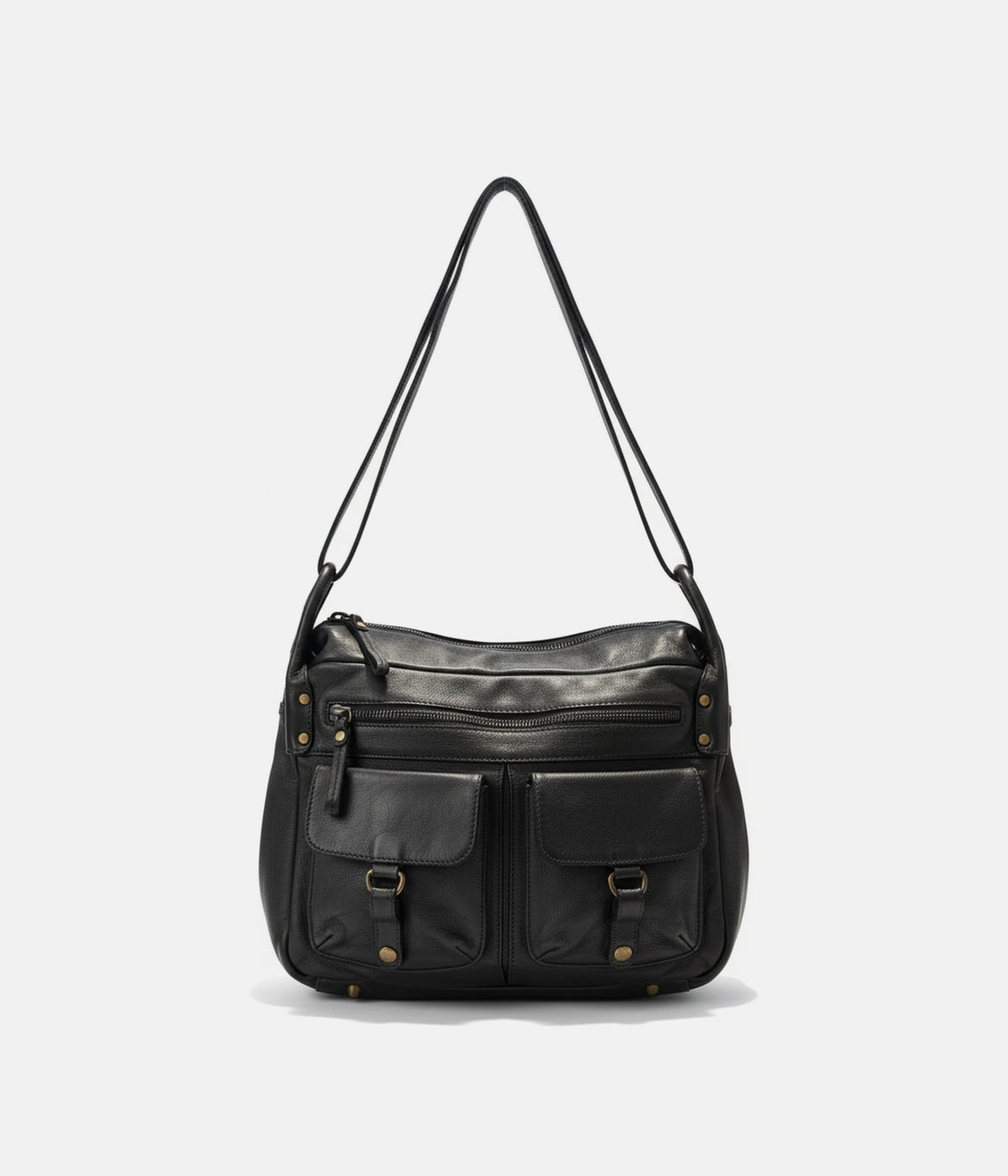 Sac Saga AUNE — sac bandoulière en cuir de vachette lisse noir, deux poches plaquées à rabat, poche zippée horizontale, vue de face — AUNE