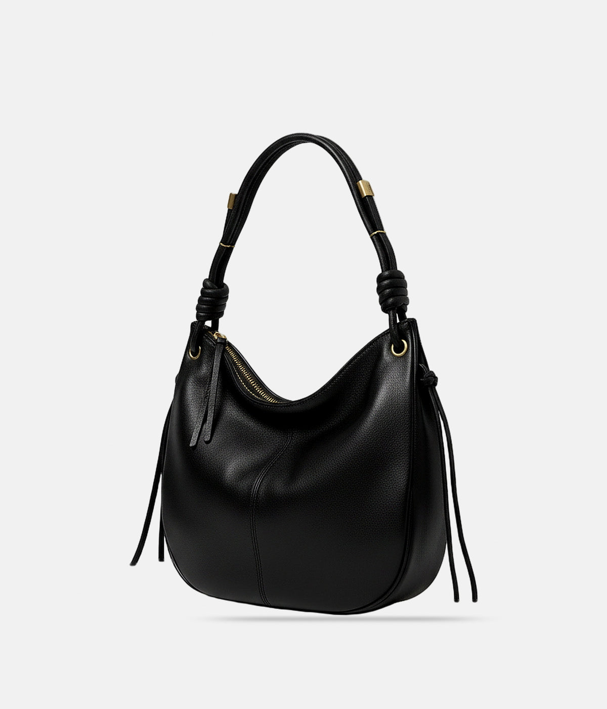 Sac Astrid noir AUNE — vue trois-quarts, silhouette croissant et quincaillerie laiton vieilli — AUNE