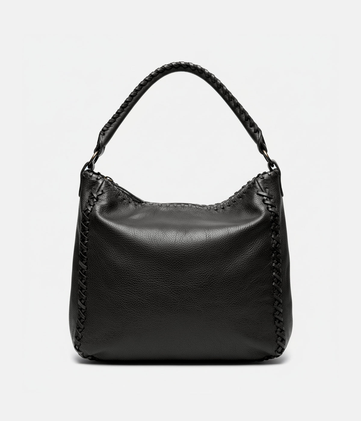Sac Liv noir AUNE — hobo en cuir de vachette washed, anse tressée main et tresse de cuir le long des coutures, vue de face — AUNE